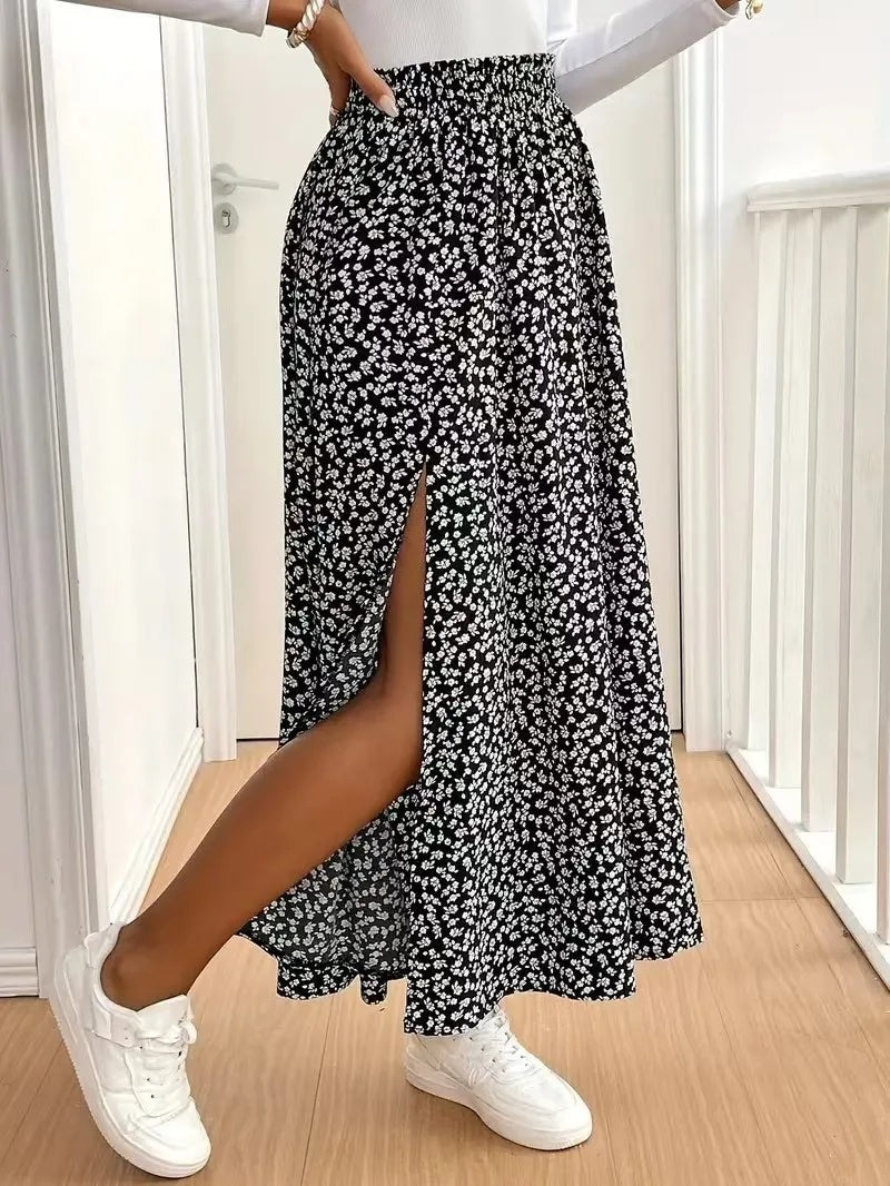 2025 Autumn New Floral Half length Skirt with Split A-line Hip Wrap and Middle Waist Skirt