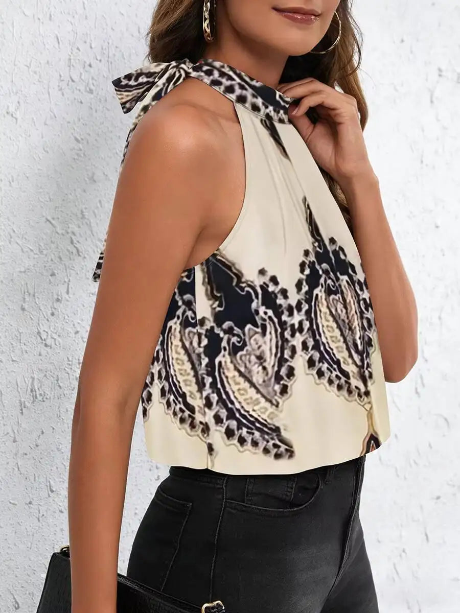 Women's Vest Tank Top Spring Summer Beige Black Paisley Lace Print Halter Neck Sleeveless Loose Basic Casual Daily Fashion Top
