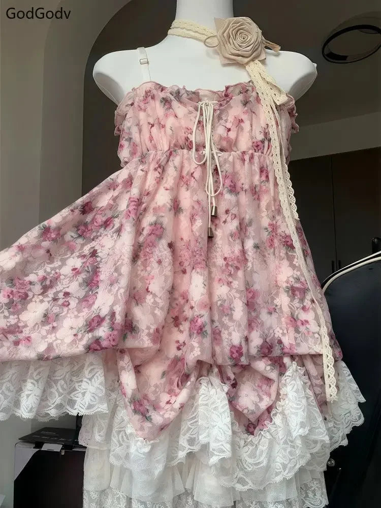 New Vintage Summer Women Sets Elegant Ruffle Lace Chiffon Design Mini Skirt Suit Fairy Female Sweet Korean Fashion Outfits 2025