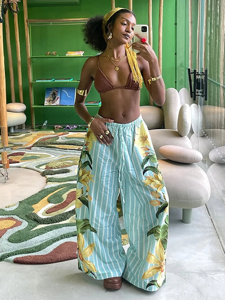 Beach Striped Print Women's Set Sleeveless O-neck Loose Top Wide Legs Pants Female Sets 2026 Summer Vacation Lady Trousers Suit