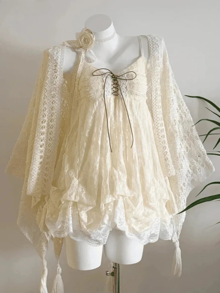 New Vintage Summer Women Sets Elegant Ruffle Lace Chiffon Design Mini Skirt Suit Fairy Female Sweet Korean Fashion Outfits 2025