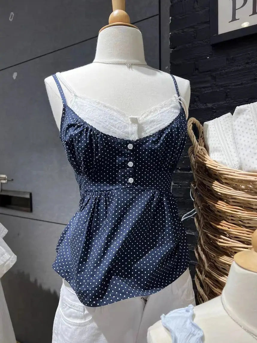 New Red Plaid Slim Tank Top Woman Lace Trim Buttons V-neck Back Lace-up Cotton Camis Summer Vintage Streetwear Sweet Crop Tops