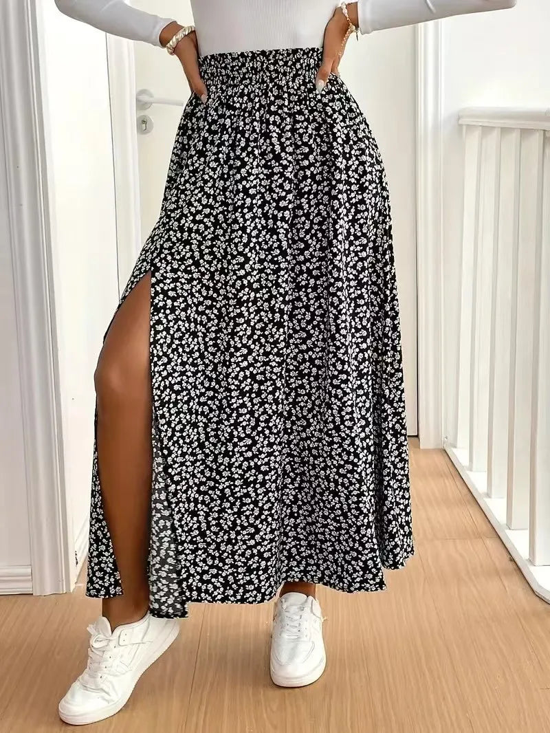 2025 Autumn New Floral Half length Skirt with Split A-line Hip Wrap and Middle Waist Skirt