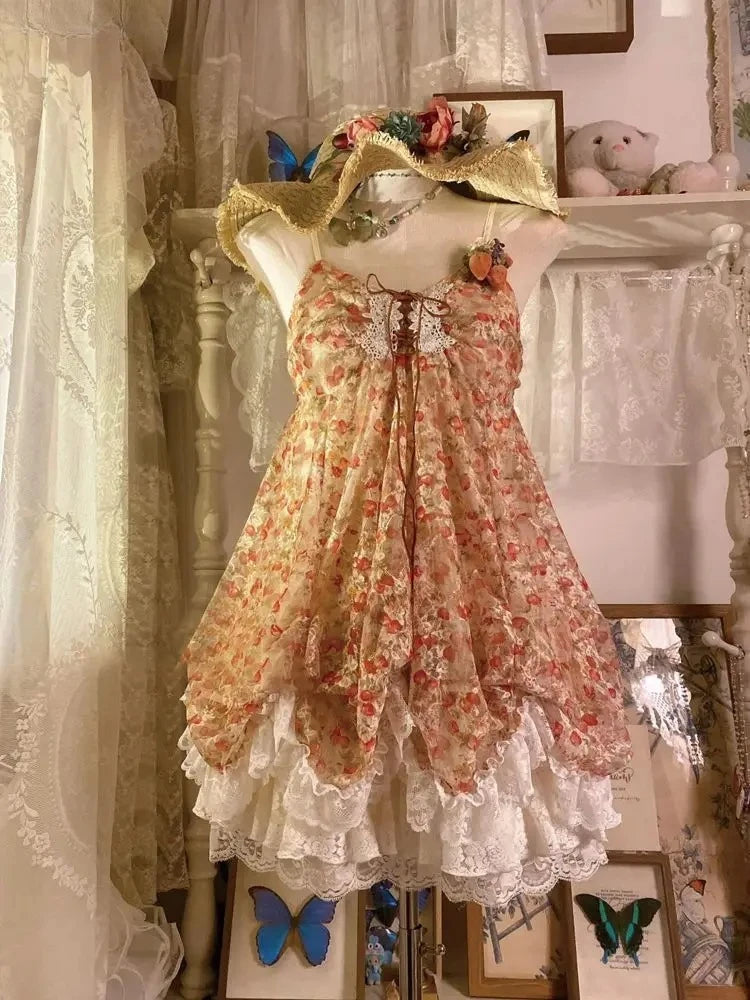 New Vintage Summer Women Sets Elegant Ruffle Lace Chiffon Design Mini Skirt Suit Fairy Female Sweet Korean Fashion Outfits 2025