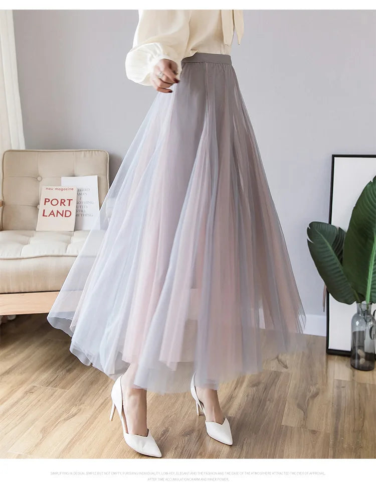 Vintage Tulle Skirt Women Elastic High Waist  3 Layers  A-line Pleated Mesh Skirt Long Bride Tutu Skirts Female Jupe Longue