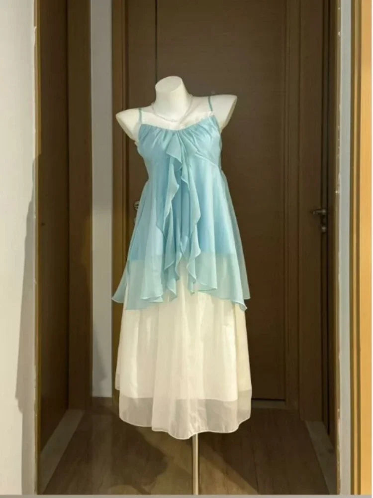 New Vintage Summer Women Sets Elegant Ruffle Lace Chiffon Design Mini Skirt Suit Fairy Female Sweet Korean Fashion Outfits 2025