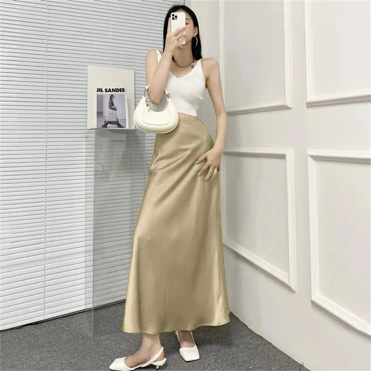 2026 Satin Fabric Skirt Woman High Waist Elegant Long Skirts For Women Korean Fashion Summer Chic Office Slim Fit Midi Skirts