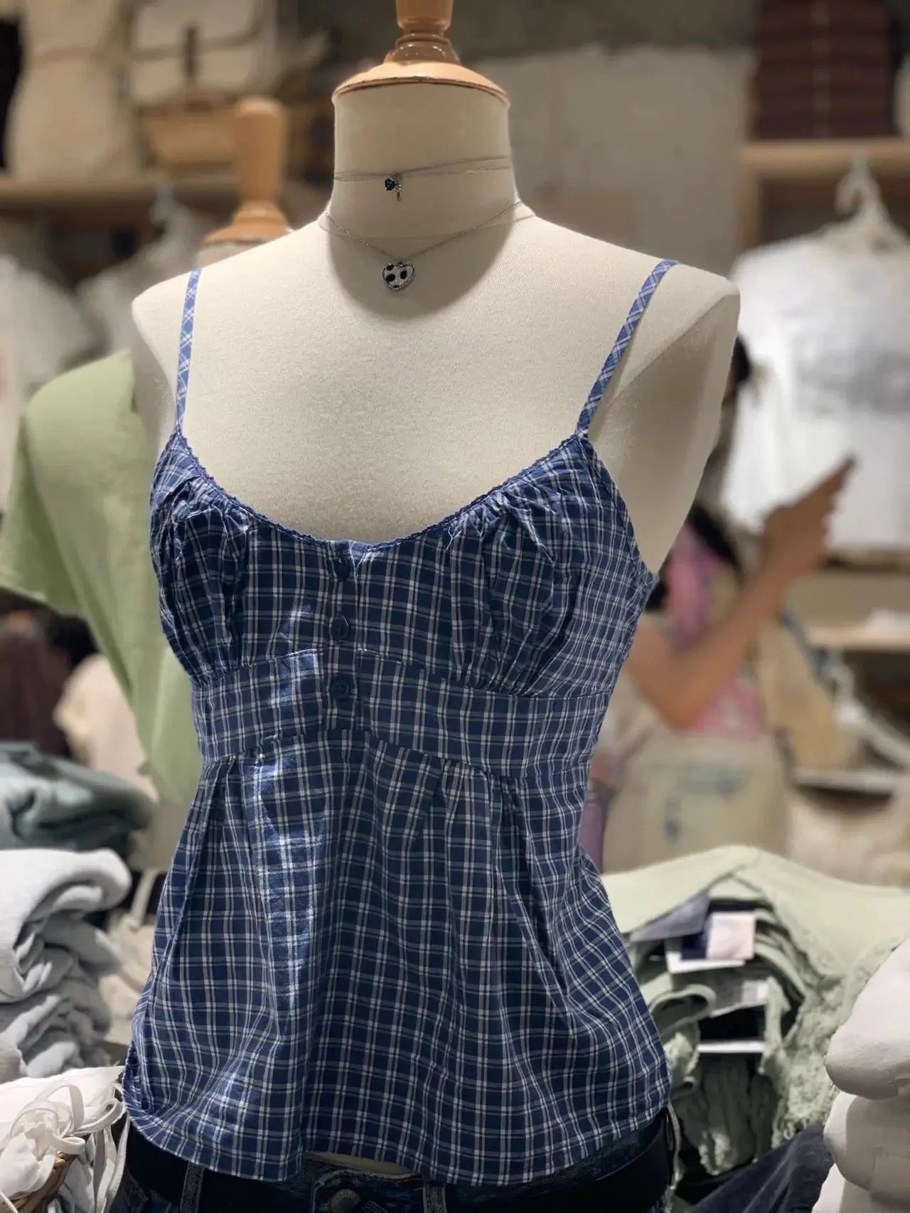 New Red Plaid Slim Tank Top Woman Lace Trim Buttons V-neck Back Lace-up Cotton Camis Summer Vintage Streetwear Sweet Crop Tops