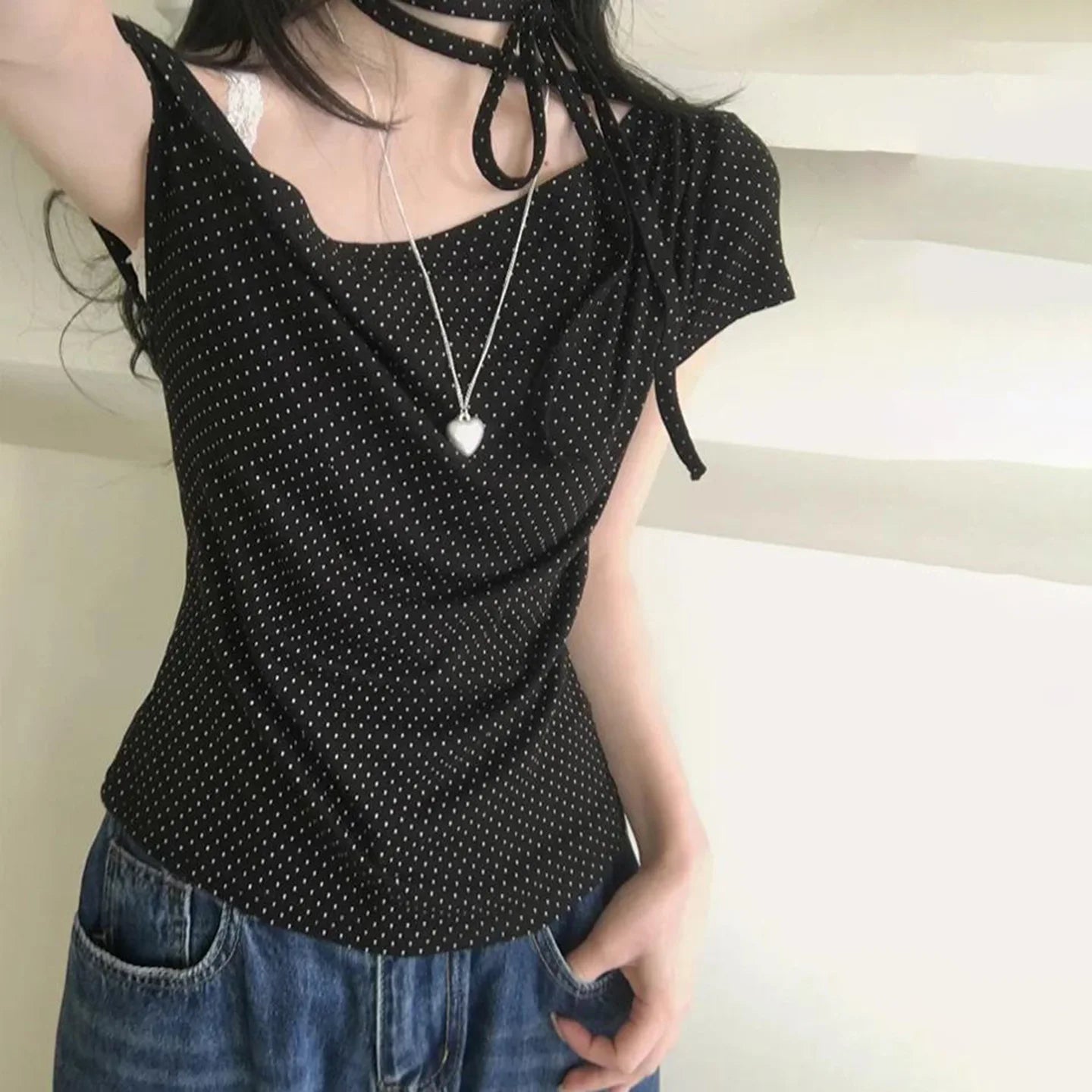 Sweet Polka Dot Prints T-Shirts Fashion Women Cute Design One-Shoulder Summer Tops Casual Korean Office Lady Commute Slim Tees