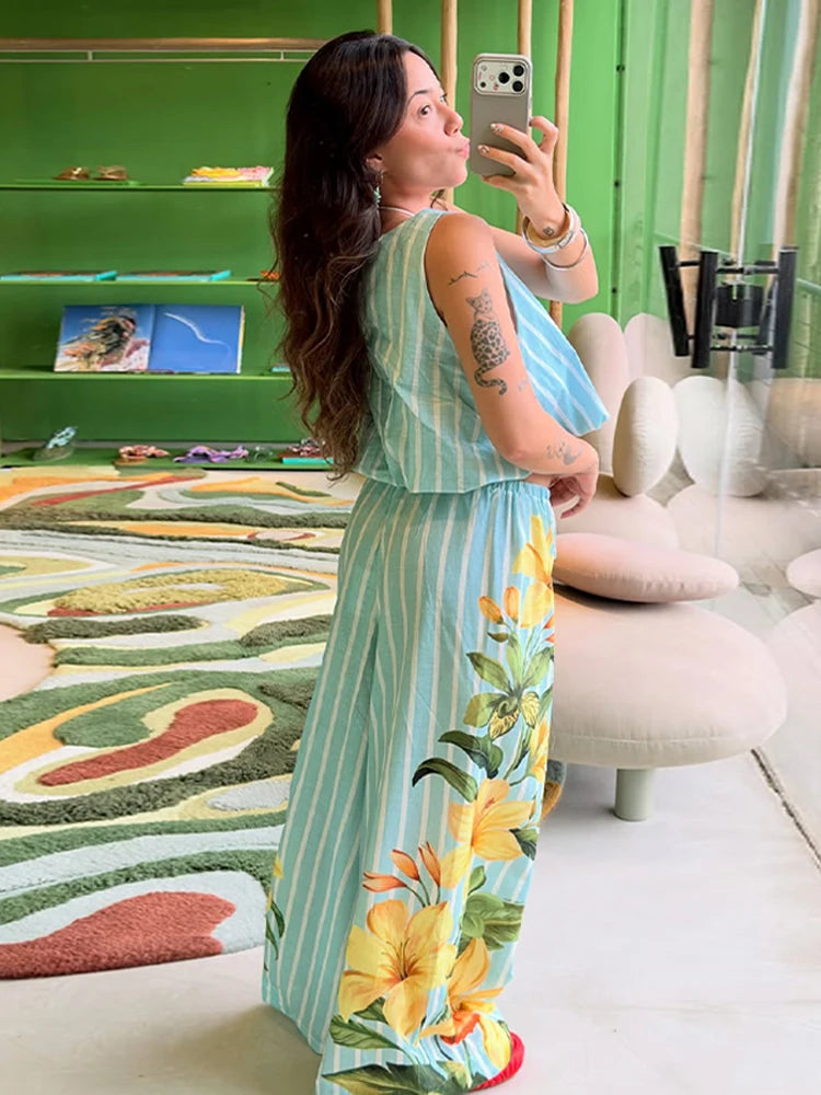 Beach Striped Print Women's Set Sleeveless O-neck Loose Top Wide Legs Pants Female Sets 2026 Summer Vacation Lady Trousers Suit