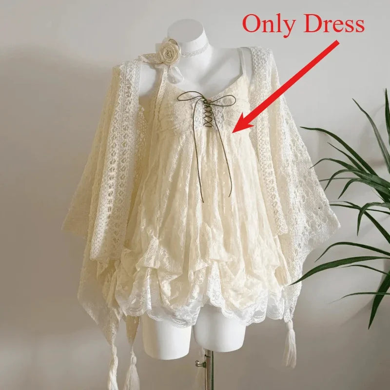 New Vintage Summer Women Sets Elegant Ruffle Lace Chiffon Design Mini Skirt Suit Fairy Female Sweet Korean Fashion Outfits 2025