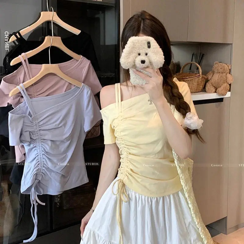 Sweet One shoulder Drawstring Short sleeve T shirt Women Summer Off shoulder Top Elegant Sexy Solid color Cropped Basic Blouse