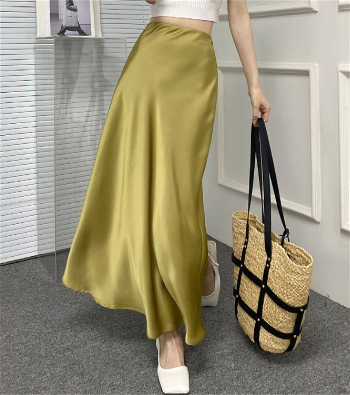 2026 Satin Fabric Skirt Woman High Waist Elegant Long Skirts For Women Korean Fashion Summer Chic Office Slim Fit Midi Skirts