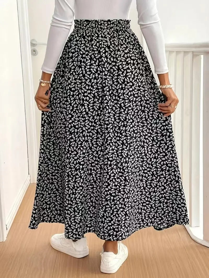 2025 Autumn New Floral Half length Skirt with Split A-line Hip Wrap and Middle Waist Skirt