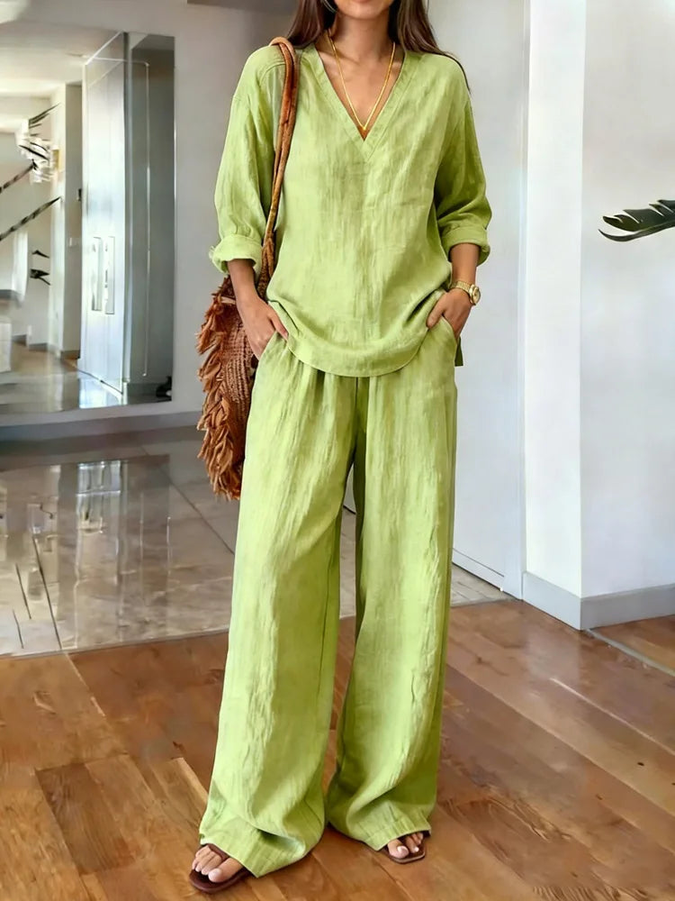 Casual Cotton Pants Sets Women Summer 2026 Fashion Long Sleeve V-neck Loose Tops 2 Piece Set Woman Outfits Elegant