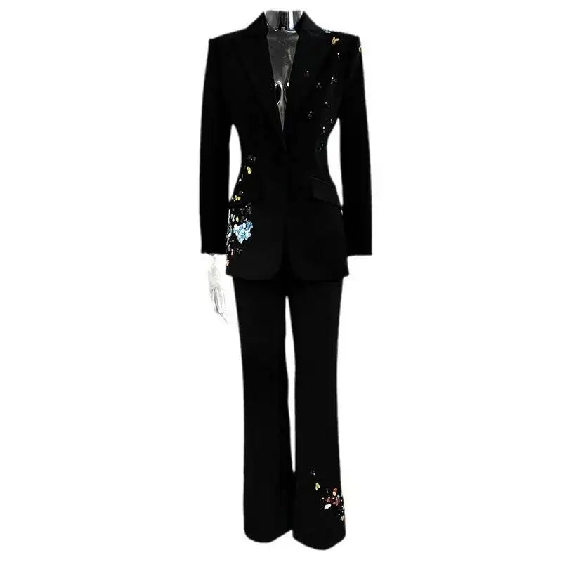 Luxury 2025 Spring Color Sequins Two Piece Matching Set Women's Full Sleeve Blazers Long Pants 2pcs Formal Occasions Suit Coats