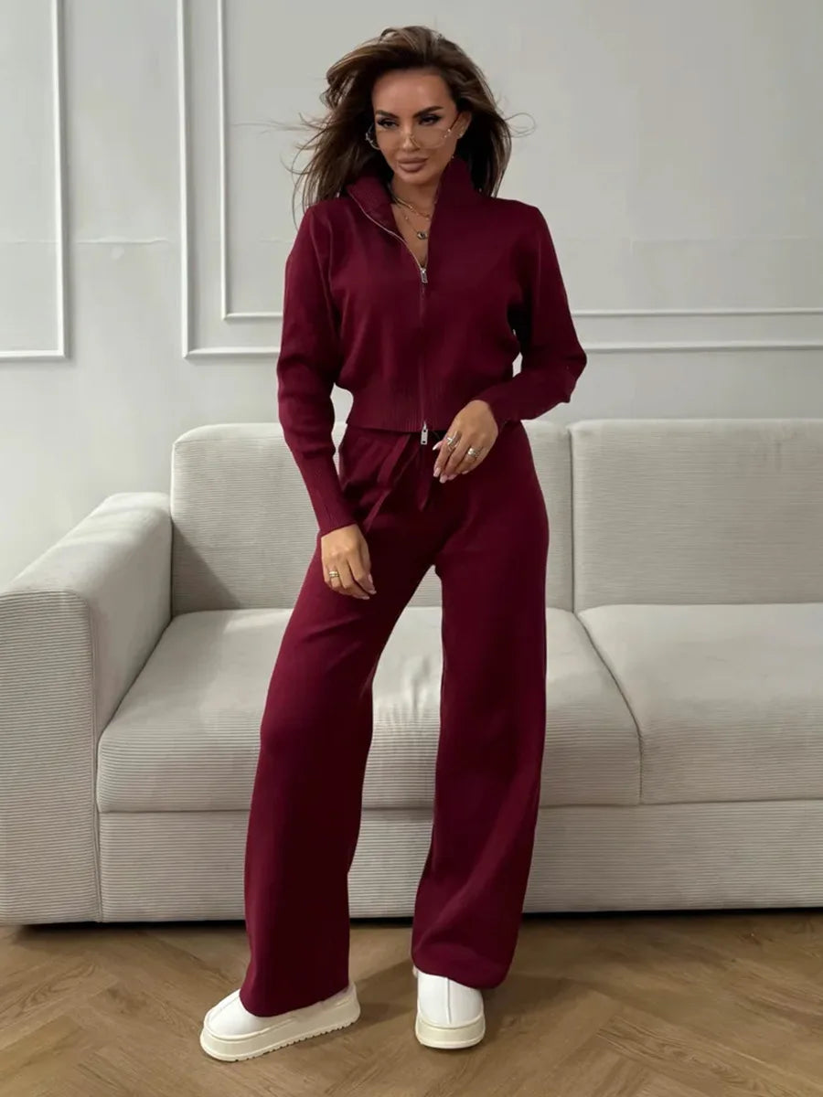 Women's New Autumn Winter Zip Up Knit Set Trendy Slim Fit Cardigan Pants Chic Commuting Sweater Outfit 2 Pieces Sets