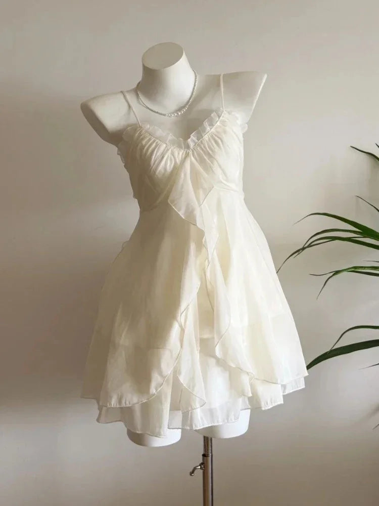 New Vintage Summer Women Sets Elegant Ruffle Lace Chiffon Design Mini Skirt Suit Fairy Female Sweet Korean Fashion Outfits 2025
