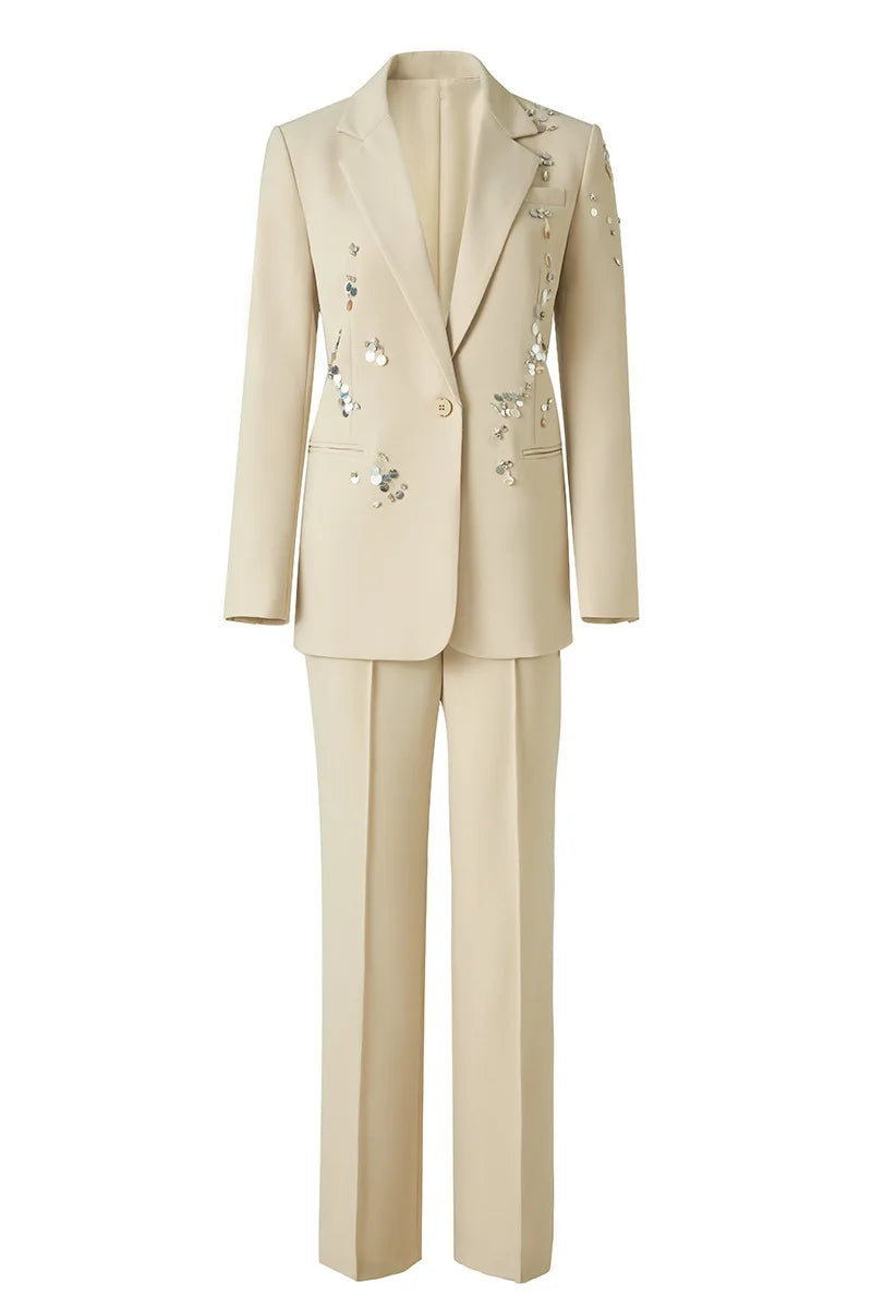 Luxury 2025 Spring Color Sequins Two Piece Matching Set Women's Full Sleeve Blazers Long Pants 2pcs Formal Occasions Suit Coats