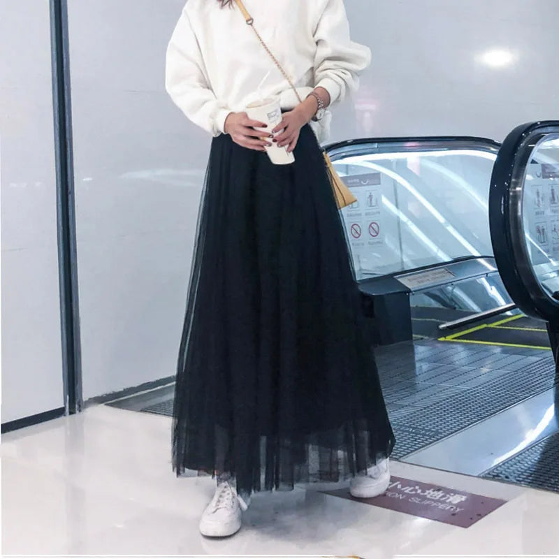 Vintage Tulle Skirt Women Elastic High Waist  3 Layers  A-line Pleated Mesh Skirt Long Bride Tutu Skirts Female Jupe Longue
