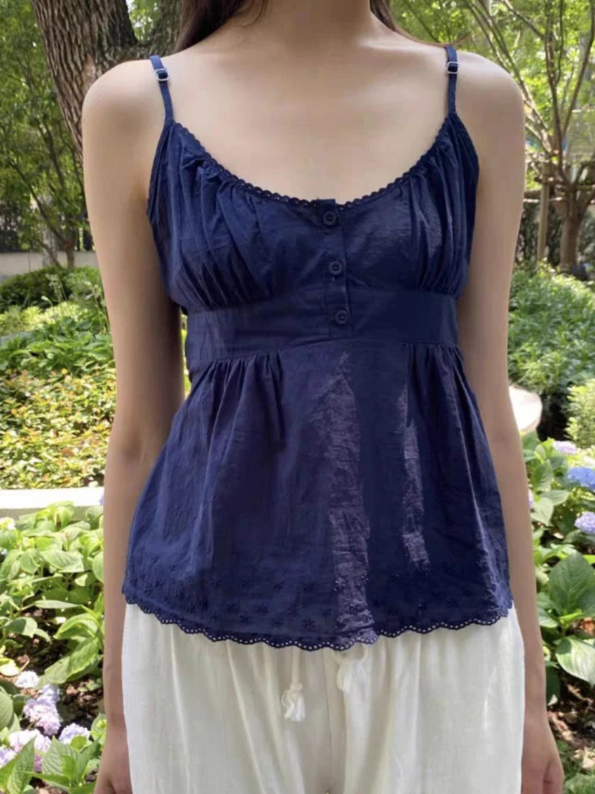 New Red Plaid Slim Tank Top Woman Lace Trim Buttons V-neck Back Lace-up Cotton Camis Summer Vintage Streetwear Sweet Crop Tops