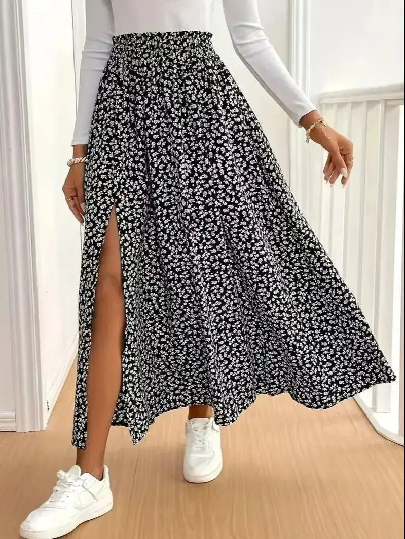 2025 Autumn New Floral Half length Skirt with Split A-line Hip Wrap and Middle Waist Skirt