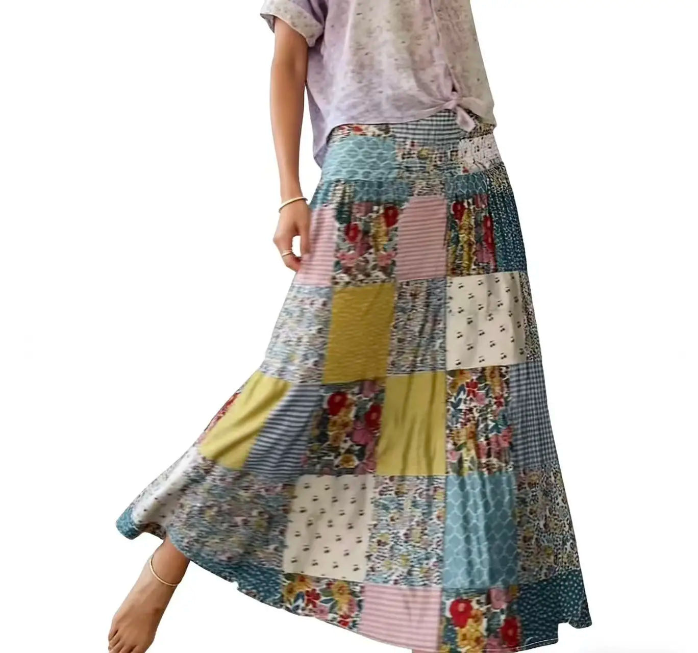 Women's Printed Shirred High Waist Skirt, Elegant Style, Suitable for Casual Vacation Wear