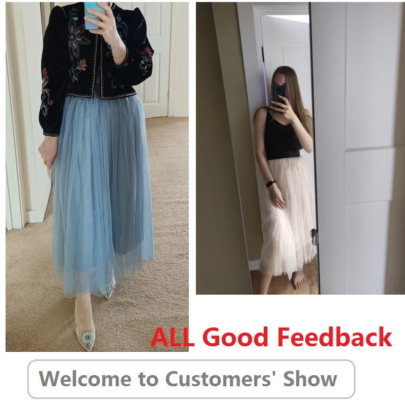Vintage Tulle Skirt Women Elastic High Waist  3 Layers  A-line Pleated Mesh Skirt Long Bride Tutu Skirts Female Jupe Longue