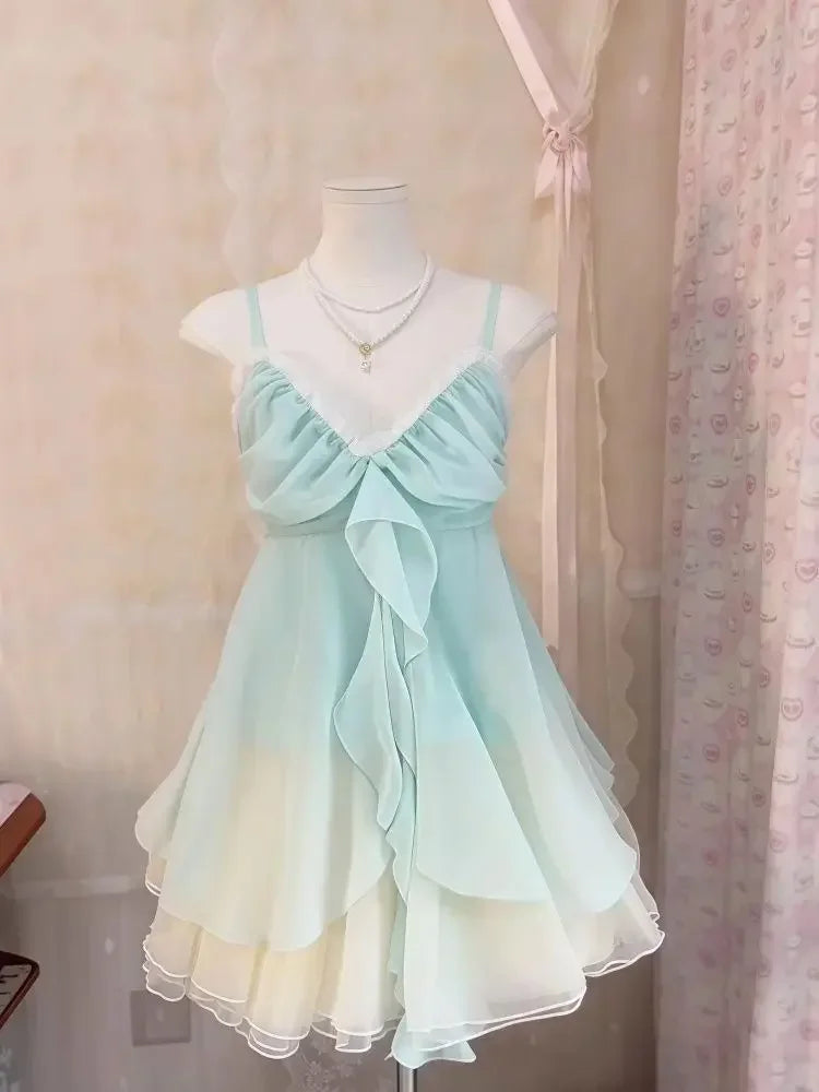 New Vintage Summer Women Sets Elegant Ruffle Lace Chiffon Design Mini Skirt Suit Fairy Female Sweet Korean Fashion Outfits 2025